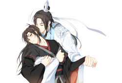 Rule 34 | 2boys, absurdres, black hair, black hanfu, blush, brown eyes, brown hair, chinese clothes, closed eyes, closed mouth, couple, hanfu, headband, highres, holding hands, hug, hug from behind, jujeop, lan wangji, long hair, long sleeves, looking at another, male focus, modao zushi, multiple boys, ponytail, robe, sash, sidelocks, simple background, topknot, upper body, wei wuxian, white background, white hanfu, white headband, wide sleeves, xiao guan (headdress), yaoi, yellow eyes