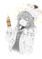 1girl :t absurdres beanie blue_archive braid closed_eyes commentary_request eating fingernails food food_on_face greyscale hair_between_eyes halo hands_up hat highres holding holding_food holding_skewer hood hood_down jacket long_hair long_sleeves maki_(blue_archive) maki_(camp)_(blue_archive) monochrome official_alternate_costume open_clothes open_jacket red_halo shirt simple_background skewer solo spot_color twin_braids white_background woottak09