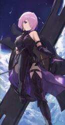 1girl absurdres armor armored_leotard bare_shoulders black_armor breastplate cape commentary_request fate/grand_order fate_(series) gauntlets grin hair_over_one_eye head_tilt highres jianjia leotard looking_at_viewer mash_kyrielight mash_kyrielight_(demi-servant) one_eye_covered pink_hair purple_cape purple_eyes shield short_hair smile solo sword weapon