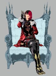 Rule 34 | 1girl, absurdres, anna williams, black boots, black gloves, black hair, boots, coat, earrings, fur-trimmed coat, fur trim, gloves, grey background, hair over one eye, highres, jbstyle, jewelry, looking at viewer, multicolored hair, non-web source, official art, one eye covered, pants, red coat, red hair, red pants, short hair, simple background, sitting, smirk, solo, tekken, tekken 8, thigh boots, throne, two-tone hair