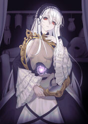 1girl absurdres black_dress black_hairband commentary doll dress frilled_sleeves frills goth_fashion gothic_lolita grey_hair hair_between_eyes hairband highres holding holding_mirror lolita_fashion lolita_hairband long_hair long_sleeves looking_at_viewer magic mirror parted_lips red_eyes rozen_maiden solo suigintou teeth user_dmuv5748 wide_sleeves x-ray
