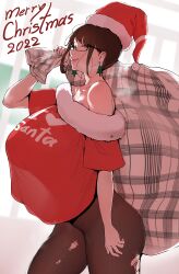 Rule 34 | 1girl, 2022, absurdres, black hair, breast shadow, breasts, christmas tree earrings, cleavage, hat, highres, huge breasts, namhorm (puzenketsu), original, puzenketsu, santa costume, santa hat, torn pantyhose