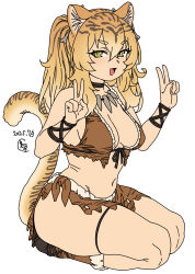 Rule 34 | 1girl, animal ear fluff, animal ears, animal print, bikini, black choker, blonde hair, bone, bone hair ornament, breasts, brown bikini, cavewoman, choker, dated, double v, fang, flat color, full body, fur-trimmed bikini, fur trim, gradient hair, hair ornament, hands up, highres, houtengeki, jewelry, loincloth, long hair, looking at viewer, medium breasts, multicolored hair, navel, necklace, open mouth, original, pelt, print loincloth, seiza, short eyebrows, sidelocks, simple background, sitting, skin fang, skindentation, smile, solo, striped hair, swimsuit, tail, tiger ears, tiger girl, tiger girl (houtengeki), tiger print, tiger stripes, tiger tail, tooth necklace, tribal, twintails, v, white background, wristband, yellow eyes