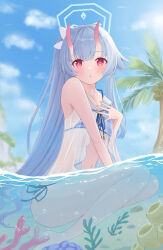 a_ekoa bikini blue_archive blue_hair blue_halo camisole chise_(blue_archive) chise_(swimsuit)_(blue_archive) gradient_horns halo highres horns long_hair looking_at_viewer multicolored_horns official_alternate_costume oni partially_submerged red_eyes red_horns sailor_bikini sailor_collar see-through_camisole see-through_clothes side-tie_bikini_bottom side_ponytail skin-covered_horns striped_bikini striped_clothes swimsuit white_sailor_collar