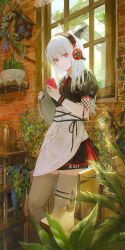 1girl absurdres against_wall animal_ears arknights black_hairband black_nails black_shirt cellphone closed_mouth collared_shirt flippy_(cripine111) fox_ears fox_girl frostleaf_(arknights) grey_thighhighs hairband highres holding holding_phone holding_tray indoors long_hair looking_at_viewer phone red_eyes shirt short_sleeves smartphone solo standing thighhighs tray white_hair