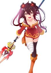 Rule 34 | 1girl, :d, ahoge, alternate costume, asymmetrical legwear, bandaged leg, bandages, bare shoulders, black thighhighs, blurry, bow, breasts, brown hair, cleavage, collarbone, commentary request, cosplay, depth of field, dress, fang, flower, genshin impact, hair between eyes, hair bow, hair flower, hair ornament, hair ribbon, highres, holding, holding polearm, holding weapon, hu tao (genshin impact), kono subarashii sekai ni shukufuku wo!, leaning forward, long hair, looking at viewer, megumin, megumin (cosplay), mismatched legwear, off shoulder, open mouth, polearm, red dress, red eyes, ribbon, sidelocks, simple background, single thighhigh, small breasts, smile, solo, staff of homa (genshin impact), standing, standing on one leg, strapless, strapless dress, symbol-shaped pupils, takahashi rie, thighhighs, twintails, voice actor connection, weapon, white background, yasehattagi, zettai ryouiki