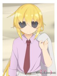 1girl absurdres artist_name char_aznable char_aznable_(cosplay) collared_shirt commentary_request cosplay etsuransha_no_rei glasses gundam gundam_gquuuuuux highres kantai_collection long_hair looking_at_viewer low_twintails one-hour_drawing_challenge pink_shirt satsuki_(kancolle) satsuki_kai_ni_(kancolle) shirouzu_(gundam) shirouzu_(gundam)_(cosplay) shirt solo sunglasses twintails twitter_username upper_body yellow_eyes