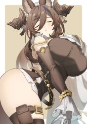 1girl animal_ears blue_hair blush breasts brown_dress brown_hair closed_eyes detached_sleeves dress extra_ears fox_ears frilled_sleeves frills galleon_(granblue_fantasy) gloves granblue_fantasy hair_between_eyes hair_ornament highres horns large_breasts long_hair multicolored_hair open_mouth pointy_ears solo streaked_hair thighs two-tone_dress umeda_shiso very_long_hair white_dress white_gloves