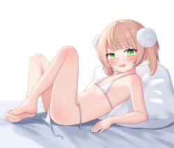 1girl 2025 bed bikini blush feet female_focus flat_chest green_eyes hair_ornament indie_virtual_youtuber legs llxr18 loli micro_bikini navel on_bed open_clothes pillow pom_pom_(clothes) pom_pom_hair_ornament shigure_ui_(vtuber) shigure_ui_(vtuber)_(young) solo stomach swimsuit tagme thighs toes twintails untied_bikini untied_bikini_bottom virtual_youtuber