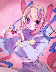 Rule 34 | 1girl, :o, blonde hair, blue eyes, blue hair, blue serafuku, blush, bow, chest bow, chouzetsusaikawa tenshi-chan, colored tips, cowboy shot, floating clothes, hair bow, heart, heart hands, heart in heart hands, highres, looking at viewer, midriff, multicolored hair, multiple hair bows, needy girl overdose, osakana tarou (sakana0 03), pink background, pink hair, quad tails, school uniform, serafuku, solo, wind