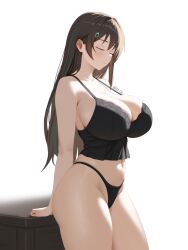 1girl arms_behind_back artist_name black_camisole black_panties breasts brown_hair camisole cleavage closed_eyes closed_mouth collarbone cowboy_shot dahlia_ka&#039;i eyebrows eyelashes female_focus from_side green_hair indie_virtual_youtuber lefolk light_blush long_hair multicolored_hair panties simple_background solo standing streaked_hair two-tone_hair underwear white_background wide_hips zetyi
