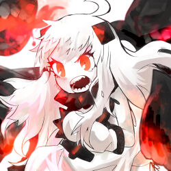 1girl a6m_zero abyssal_ship aircraft airplane angry colored_skin dress horns itomugi-kun kantai_collection long_hair mittens monster northern_ocean_princess open_mouth pale_skin red_eyes solo teeth white_dress white_hair white_skin