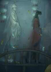 1other 2boys absurdres bandaged_arm bandages bell black_boots black_hair boots bridge chinese_clothes chinese_commentary chumo-qulingxiao closed_eyes closed_mouth coin dao_gui_yi_xian faux_traditional_media from_side ghost gourd hair_bun half_updo hands_in_opposite_sleeves hanfu hat hat_ribbon highres holding holding_bell holed_coin implied_yaoi ink_wash_painting jin_(headwear) lantern li_huowang long_hair long_sleeves looking_down male_focus multiple_boys night paper_lantern profile red_hanfu ribbon robe single_hair_bun standing tassel updo walking white_hanfu white_hat wide_sleeves wooden_bridge zhouzi_jin_(headwear) zhuge_yuan
