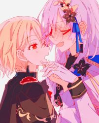 2girls blonde_hair blush closed_eyes glasses grey_hair hair_ornament hair_over_shoulder heaven_burns_red highres interlocked_fingers izumi_yuki_(heaven_burns_red) kayamori_ruka long_hair low-tied_long_hair multiple_girls round_eyewear short_hair tkeo3 yuri