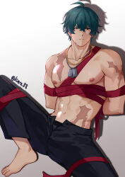 Rule 34 | 1boy, abs, absurdres, barefoot, black male underwear, black pants, closed mouth, feet, green eyes, green hair, highres, jewelry, kirene88, lighter (zenless zone zero), male focus, male underwear, muscular, muscular male, navel, necklace, nipples, pants, red bandage, scar, scar on arm, scar on shoulder, short hair, solo, sotomach, toes, topless male, underwear, zenless zone zero