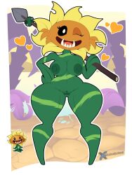 1girl black_sclera body_markings breasts colored_sclera colored_skin fangs fangs_out flower green_skin hand_on_own_hip heart highres holding holding_polearm holding_weapon humanization large_areolae large_breasts monster_girl nipples nude one_eye_closed petals plant_girl plants_vs._zombies plants_vs._zombies_2 polearm primal_sunflower_(plants_vs._zombies) pussy short_hair smile spear sunflower thelordjoshua1 thick_thighs thighs weapon