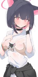 1girl animal_ears black_choker black_hair black_jacket black_mask blue_archive blush breasts cat_ears cat_girl choker clothes_around_waist clothes_writing covered_erect_nipples grabbing_another&#039;s_breast grabbing_from_behind groping halo highres jacket jacket_around_waist kazusa_(band)_(blue_archive) kazusa_(blue_archive) large_breasts looking_down mask mikozin mouth_mask official_alternate_costume pink_hair pink_halo red_eyes see-through_clothes see-through_shirt shirt short_hair solo_focus sweat sweatdrop white_shirt