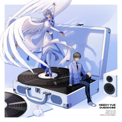 Rule 34 | 2boys, :d, absurdres, angel wings, arm support, barefoot, black necktie, black pants, blazer, blue jacket, border, bridal legwear, cape, cardcaptor sakura, chinese commentary, closed eyes, closed mouth, collared shirt, dancing, english text, expressionless, feathered wings, full body, glasses, grey hair, grover.y, hair between eyes, hand on own knee, highres, jacket, knee up, long hair, long sleeves, low-tied long hair, male focus, multiple boys, necktie, open mouth, outside border, outstretched arms, oversized object, pants, phonograph, rabbit, robe, round eyewear, school uniform, shadow, shirt, shoes, short hair, side cape, sitting, smile, sneakers, speaker, tassel, tiptoes, tokyo tower, tomoeda high school uniform, tsukishiro yukito, very long hair, vinyl, vinyl record, white border, white cape, white hair, white pants, white robe, white shirt, white shoes, white wings, wings, yue (cardcaptor sakura)