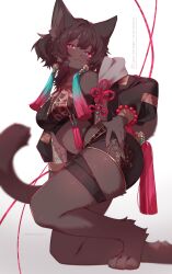 1girl :3 absurdres animal_ears bare_legs barefoot bead_bracelet beads black_jacket black_shorts blue_pupils body_fur bracelet breasts brown_fur brown_hair cat_ears cat_girl cat_tail commentary_request crop_top furry furry_female hair_between_eyes hand_on_own_hip highres jacket jewelry kawarage_yatano long_sleeves looking_at_viewer mandarin_collar medium_breasts medium_hair midriff navel original pink_eyes puffy_sleeves short_shorts shorts simple_background smile solo tail thigh_strap thighs twitter_username white_background