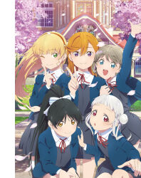 5girls arashi_chisato artbook black_hair blonde_hair blue_eyes blue_jacket cherry_blossoms double_bun dress green_eyes grey_dress grey_hair hair_bun hairband hazuki_ren heanna_sumire high_ponytail highres jacket long_hair looking_at_viewer love_live! love_live!_superstar!! multiple_girls neck_ribbon non-web_source one_eye_closed open_clothes orange_hair petals pinafore_dress ponytail purple_eyes red_eyes red_ribbon ribbon school_uniform shibuya_kanon shirt sleeveless sleeveless_dress smile tang_keke v white_hair yellow_eyes yuigaoka_school_uniform