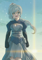 1girl :d belt blue_eyes blue_sky braid braided_ponytail breasts cleavage clenched_hands commentary_request day earrings floating_hair gloves hair_ornament high_ponytail jewelry long_hair moai_(moai_world) multiple_belts open_mouth outdoors ponytail pouch rwby scar scar_across_eye scar_on_face skirt sky small_breasts smile solo weiss_schnee white_belt white_hair