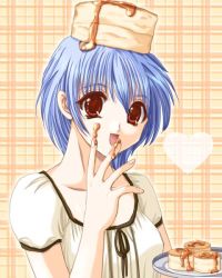1girl :d bisuke-tan blouse blue_hair female_focus food food_on_hand food_on_head honey kfc looking_at_viewer object_on_head open_mouth orange_eyes pancake plaid_background plate shirt short_sleeves simple_background smile solo upper_body
