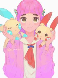 1girl arched_bangs brown_eyes cardigan closed_mouth collared_shirt commentary_request eyelashes gen_3_pokemon hair_ornament hairclip hands_up highres lacey_(pokemon) long_sleeves looking_at_viewer minun nintendo on_shoulder pink_hair plusle pokemon pokemon_(creature) pokemon_on_shoulder pokemon_sv shirt smile twitter_username white_background white_shirt woppero_prpr
