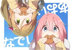 2girls blue_background blue_eyes border commentary_request eating green_eyes green_hair hair_ornament highres inuyama_aoi jacket kagamihara_nadeshiko long_sleeves multiple_girls pink_hair translation_request upside-down white_border yas_(yosiyasuyasu) yellow_jacket yurucamp