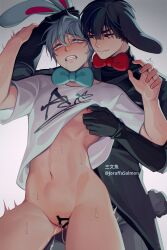 2boys alien_stage animal_ears black_hair blue_bow blue_bowtie bottomless bow bowtie censored chinese_commentary clenched_teeth clothed_sex clothes_lift commentary_request cum cum_in_pussy cuntboy cuntboy_with_male drooling formal_clothes grabbing_another&#039;s_ear grey_hair hand_on_another&#039;s_ear highres ivan_(alien_stage) male_focus multiple_boys navel nipple_stimulation nipple_tweak penis pussy rabbit_boy rabbit_ears rabbit_tail red_bow red_bowtie salmon_(657931354) sex shirt_lift short_hair simple_background standing standing_sex suit tail teeth till_(alien_stage) vaginal white_background