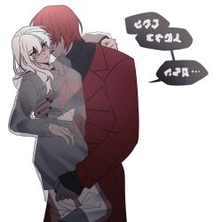 Rule 34 | 1boy, 1girl, black serafuku, carrying, carrying person, coat, fa mayo, heroine (homicipher), hetero, highres, homicipher, homicipher text, long hair, mr. scarletella, raincoat, red coat, red eyes, red hair, school uniform, see-through clothes, see-through raincoat, serafuku, short hair, simple background, skirt, white background, white hair