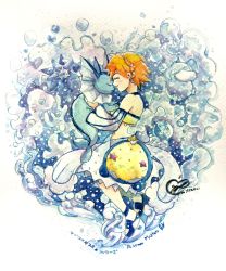 1girl appleko bare_shoulders closed_eyes detached_sleeves earrings eyelashes gen_1_pokemon highres jewelry lapras looking_at_another misty_(pokemon) misty_(sygna_suit)_(pokemon) navel nintendo official_alternate_costume orange_hair pokemon pokemon_(creature) pokemon_masters_ex psyduck seaking shirt short_hair skirt smile solo starmie vaporeon