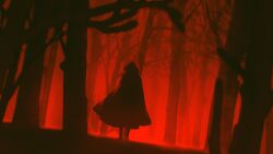Rule 34 | 1girl, 1other, 23i2ko, absurdres, blurry, blurry foreground, cloak, depth of field, dutch angle, fog, forest, from behind, full body, highres, hood, hood up, limited palette, nature, original, red cloak, solo, standing, tree, wind