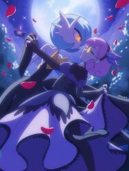 2girls arched_back arm_up artist_name backlighting bare_shoulders black_dress black_footwear black_gloves black_hairband black_pantyhose blue_hair blue_sky bob_cut chandelure closed_mouth colored_skin dancing dress earrings elbow_gloves eye_contact falling_petals female_focus fingerless_gloves flat_chest from_side full_moon gardevoir gen_3_pokemon gen_5_pokemon glasses gloves hairband hand_up high_heels highres holding_hands interlocked_fingers interspecies jewelry leaning_forward leg_up long_dress looking_at_another moon moonlight multiple_girls night nintendo nyona orange-tinted_eyewear orange_eyes original outdoors outstretched_arm pantyhose petals pink_hair pokemon pokemon_(creature) profile puffy_short_sleeves puffy_sleeves round_eyewear shoes short_hair short_sleeves signature skirt_hold sky sparkle standing standing_on_one_leg strapless strapless_dress tinted_eyewear white_dress white_skin yuri