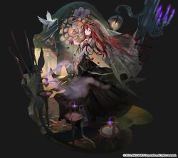 1girl bird black_dress black_tiara breasts bridal_veil bride candle candlelight candlestand cube dress eye_print eye_symbol eyepatch falling_petals fire flower game_cg handprint hero_cantare highres holding hwa_ryun leenim light_particles long_hair looking_at_viewer official_art one_eye_covered petals pillar red_eyes red_flower red_hair shadow smile smoke solo stained_glass strapless strapless_dress tiara tower_of_god veil white_bird window