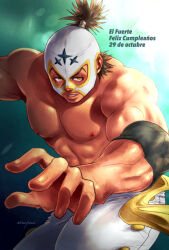 Rule 34 | 1boy, abs, angie (kani-ga-tobuna), brown hair, cowboy shot, el fuerte, foreshortening, large pectorals, looking at viewer, luchador mask, male focus, mask, muscular, muscular male, nipples, pants, pectorals, smile, solo, street fighter, thighs, topless male