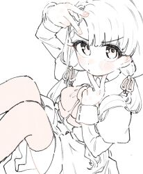 1girl blush double_v dress from_above highres hisakawa_nagi idolmaster idolmaster_cinderella_girls long_hair looking_at_viewer low_twintails monochrome sitting sketch solo spot_color tenoo12 thighhighs twintails v