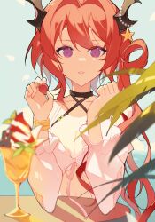 Rule 34 | 1girl, arknights, bikini, black horns, bracelet, chinese commentary, commentary request, day, dot nose, food, hair intakes, hair ornament, hair rings, highres, holding, holding food, horns, jewelry, long hair, long sleeves, loning (loning19920894), looking at viewer, official alternate costume, parted lips, pink eyes, red hair, solo, star (symbol), star hair ornament, sunlight, surtr (arknights), surtr (colorful wonderland) (arknights), swimsuit, swimsuit cover-up, upper body, white bikini