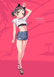 1girl absurdres animal_ears arm_up bare_legs black_eyes brown_eyes brown_hair cat_ears commentary crop_top denim denim_skirt ear_piercing earrings fake_animal_ears flat_chest full_body goshichi_shoji hairband highres jewelry looking_at_viewer midriff navel no_socks ookawa_ina original piercing pink_background ponytail short_hair short_ponytail short_shorts shorts simple_background skirt solo symbol-only_commentary toes