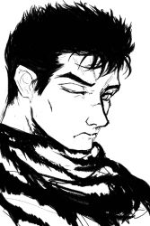 1boy berserk closed_mouth djst4885 frown greyscale guts_(berserk) highres looking_at_viewer male_focus monochrome one_eye_closed scar scar_on_face scar_on_nose short_hair simple_background white_background