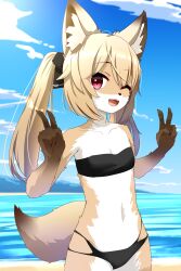 1girl :3 ;d animal_ear_fluff animal_ears animal_nose bandeau bare_shoulders beach bikini black_bikini black_bow black_ribbon black_tube_top blonde_hair blue_sky body_fur bow breasts brown_fur cloud collarbone cowboy_shot day double_v flat_chest fox_ears fox_girl fox_tail furry furry_female groin hair_bow hair_ribbon hands_up happy highres horizon karin_(vrchat) long_hair looking_at_viewer mountain mountainous_horizon navel ocean one_eye_closed open_mouth orange_fur outdoors red_eyes ribbon sand sidelocks sky small_breasts smile solo standing stomach strapless strapless_bikini suzuki-shi swimsuit tail teeth thighs tube_top twintails two-tone_fur v vrchat water white_fur yellow_fur