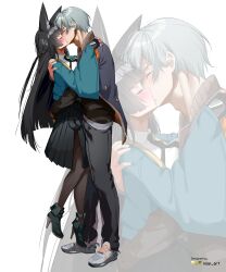 Rule 34 | 1boy, 1girl, absurdres, animal ears, aqua jacket, black hair, black necktie, black pants, black pantyhose, black shirt, black skirt, blue jacket, blush, closed eyes, fingerless gloves, fox ears, fox girl, gloves, grey hair, hetero, highres, hoshimi miyabi, jacket, kiss, long hair, necktie, nisp art, pants, pantyhose, shirt, short hair, single fingerless glove, skirt, white shirt, wise (zenless zone zero), zenless zone zero, zoom layer