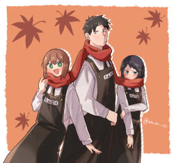 Rule 34 | 1boy, 2girls, apron, autumn leaves, black apron, black hair, blue eyes, blush, bob cut, brown hair, closed mouth, collared shirt, dot mouth, doug (youchien wars), green eyes, highres, holding own arm, inverted bob, jitome, leaf, long bangs, long sleeves, multiple girls, name tag, necktie, no nose, non ni 1111, red scarf, rita (youchien wars), scarf, shared clothes, shared scarf, shirt, smile, triangle mouth, twitter username, white shirt, youchien wars
