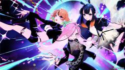 3girls :d alternate_costume asymmetrical_clothes black_jacket black_pants blue_eyes blunt_bangs breasts center-flap_bangs closed_mouth colored_inner_hair commentary copyright_notice cropped_jacket dress feathers fingernails gradient_hair green_feathers green_hair highres hololive hololive_english holomyth jacket large_breasts long_fingernails long_hair long_sleeves looking_at_viewer manodemarina mori_calliope multicolored_hair multiple_girls ninomae_ina&#039;nis official_art open_mouth orange_hair pants pink_eyes pink_hair pointy_ears purple_eyes purple_hair sidelocks single_pantsleg smile swept_bangs takanashi_kiara teeth tentacle_hair thigh_strap tiara tilted_headwear upper_teeth_only virtual_youtuber white_dress