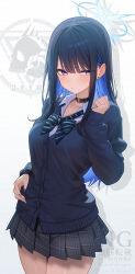 1girl absurdres alternate_costume aoi_(07aoi15) black_cardigan black_choker black_hair black_skirt blue_archive blue_eyes blue_hair blush bow bowtie breasts cardigan choker collarbone colored_inner_hair commentary_request diagonal-striped_bow diagonal-striped_bowtie diagonal-striped_clothes earrings fingernails gyaru halo highres jewelry kogal logo long_hair long_sleeves loose_bowtie medium_breasts multicolored_hair nail_polish open_collar plaid_clothes plaid_skirt pleated_skirt saori_(blue_archive) school_uniform shadow shirt skirt solo straight_hair striped_clothes stud_earrings thighs two-tone_hair very_long_hair watermark white_shirt