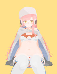 1girl cape closed_mouth commentary_request expressionless feet_out_of_frame fur_hat grey_cape grey_mittens hara_id_21 hat headphones highres invisible_chair long_hair looking_at_viewer mittens navel no_lineart orange_sports_bra panties pink_hair polya_moskovskiy simple_background sitting solo sports_bra station_memories thighhighs two-tone_sports_bra underwear ushanka very_long_hair white_hat white_panties white_sports_bra white_thighhighs yellow_background yellow_eyes