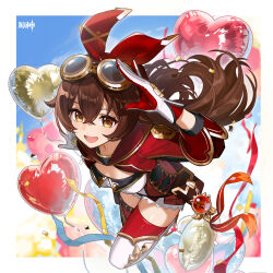Rule 34 | 1girl, absurdres, amber (100 outrider) (genshin impact), amber (genshin impact), balloon, blurry, blurry background, boots, border, breasts, brown eyes, brown hair, chinese commentary, crossed bangs, floating hair, genshin impact, gloves, goggles, goggles on head, hair between eyes, hairband, heart balloon, highres, long hair, long sleeves, looking at viewer, medium breasts, official alternate costume, official art, open mouth, red gloves, red thighhighs, smile, solo, teeth, thigh boots, thighhighs, two-tone gloves, vision (genshin impact), white boots, white border, white gloves