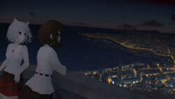 2girls absurdres animal_ear_fluff animal_ears autumn_leaves black_skirt boat breasts bridge brown_hair building chinese_commentary city city_lights cityscape cloud commentary_request fasnakegod from_side highres horizon inubashiri_momiji leaf leaf_print leaning looking_afar maple_leaf maple_leaf_print medium_breasts medium_hair multiple_girls night night_sky ocean red_eyes river scenery shameimaru_aya shirt sideboob skirt sky skyline skyscraper sleeveless sleeveless_shirt star_(sky) tank_top tengu touhou watercraft white_hair white_shirt white_tank_top wolf wolf_ears wolf_girl