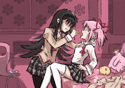 Rule 34 | 2girls, akemi homura, black hair, black hairband, black pantyhose, black skirt, blush, bow, bowtie, company connection, hair ribbon, hairband, holding, holding toothbrush, kaname madoka, long sleeves, mahou shoujo madoka magica, mahou shoujo madoka magica (anime), medium hair, mitakihara school uniform, monogatari (series), multiple girls, nisemonogatari, no shoes, open mouth, pantyhose, parody, pink hair, plaid clothes, plaid skirt, pleated skirt, red ribbon, ribbon, scene reference, school uniform, shaft (company), shirt, short twintails, sitting, skirt, socks, thighhighs, toothbrush, toothpaste, truffleduster, twintails, undone bowtie, white shirt, yuri, zettai ryouiki