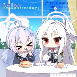 2girls :3 absurdres ahoge blue_archive blue_hair blush cake cake_slice character_name closed_eyes closed_mouth commentary_request cup dated food fork furisuku_(gerbera) grey_serafuku hair_between_eyes hair_ornament halo happy_birthday head_wings highres holding holding_cup holding_fork id_card indoors long_hair long_sleeves multicolored_hair multiple_girls neckerchief pink_hair pink_halo red_eyes reisa_(blue_archive) sailor_collar school_uniform serafuku single_head_wing sitting smile star_(symbol) star_hair_ornament star_halo suzumi_(blue_archive) table teacup trinity_general_school_logo twintails two-tone_hair upper_body vigilante_crew_(blue_archive) white_sailor_collar wings
