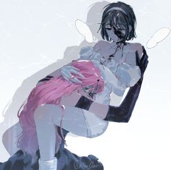 2girls alien_stage black_blood black_dress black_gloves blood blood_on_face blood_on_neck commentary dress elbow_gloves gloves hairband hashtag-only_commentary highres hug long_hair maelein mizi_(alien_stage) multiple_girls pink_hair shadow short_hair signature sitting smile sua_(alien_stage) tears very_long_hair white_dress white_gloves white_hairband white_wings wings